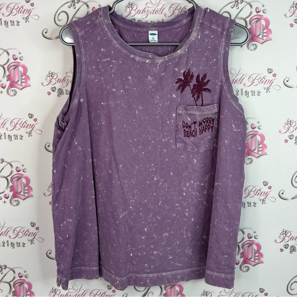 Old Navy tank top don’t worry beach happy Purple Sleeveless speckle tie dye cute